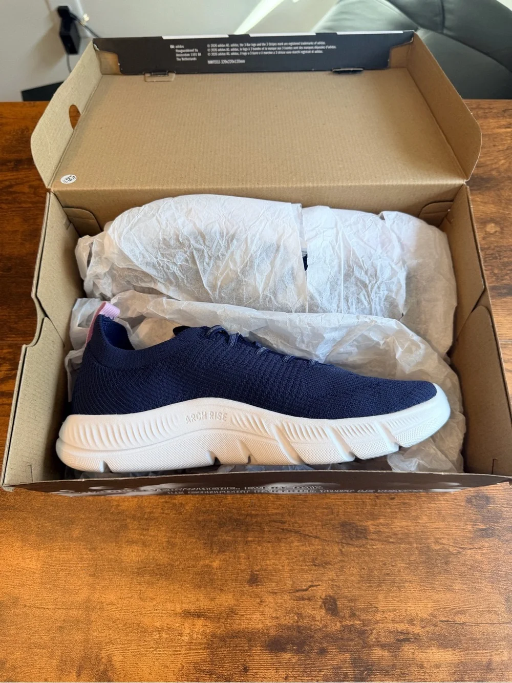 adidas Womens Navy Running Shoes with White Stripes and Pink Accents WIDE FIT
